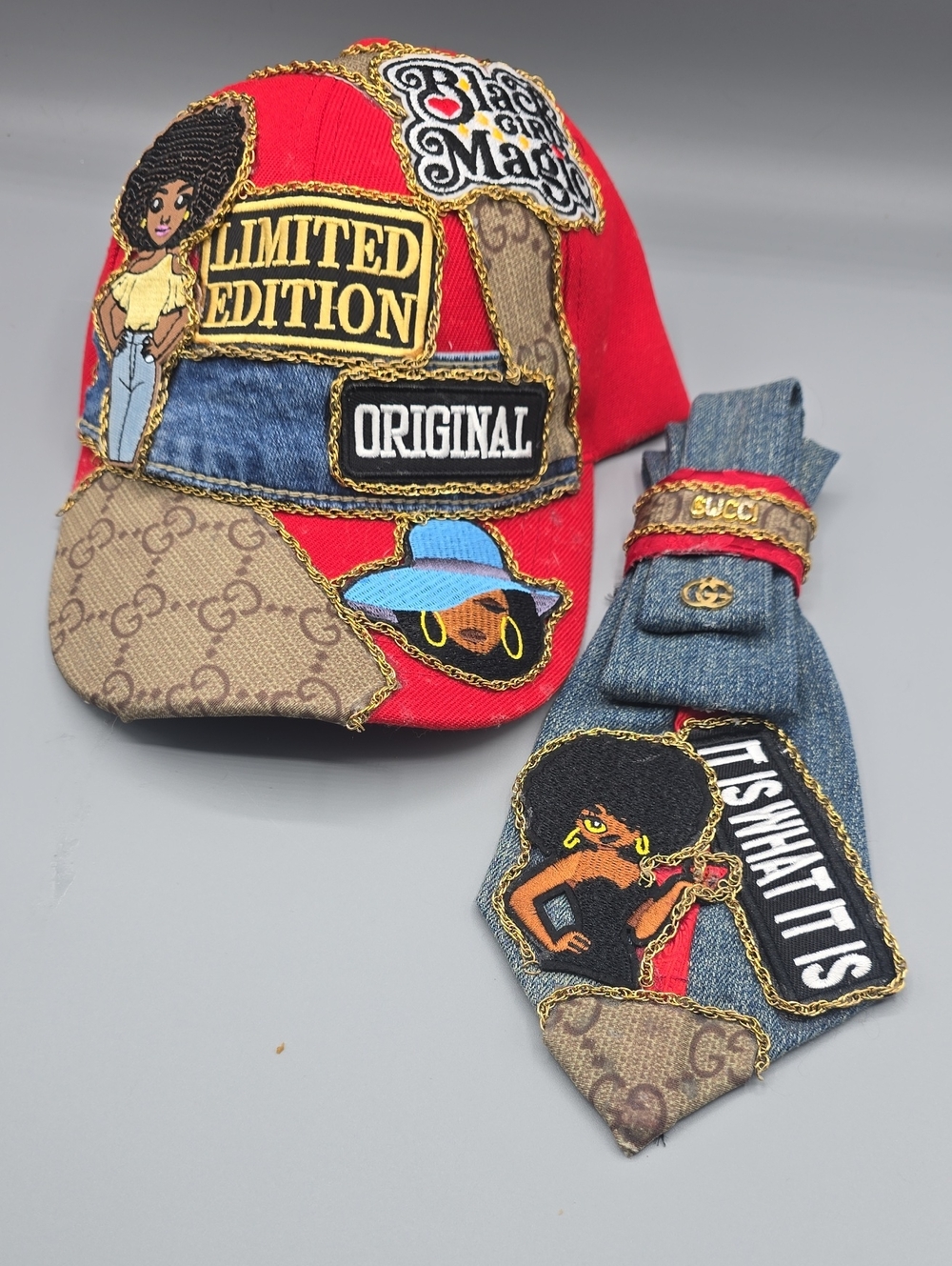 Red Patchwork Embroidered Baseball Cap with Denim Tie Necklace